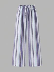 SHEIN Tween Girls' Versatile Loose Fit Striped Wide Leg Pants, Matching Sister & Mom, Suitable For Daily, Casual, Vacation, Beach, Party - Blue - View 5
