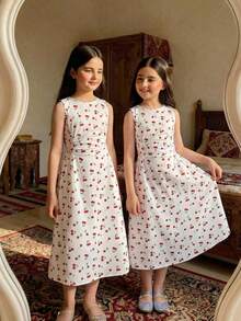 SHEIN Tween Girl's Elegant Cherry Print Ruffle Party Dress Youth Girl Clothes Mother Daughter Dresses Kids Dresses Girls Cherry Dress For Kids Sleeveless Dress White Dress Cherry Print Dress A-Line Dress - White - View 10