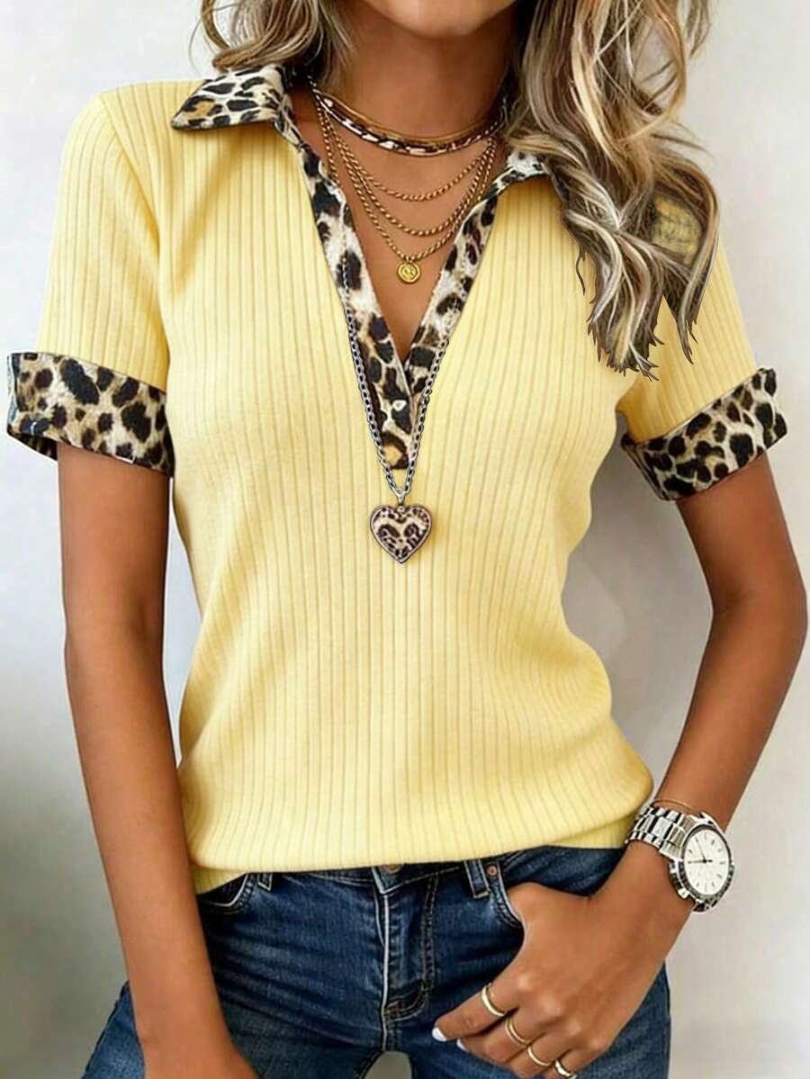 EMERY ROSE Damen Leoparden-Muster Rippstrick Lässig Kurzarm T-Shirt, Frühling/Sommer - Gänsegelb - Übersicht 1
