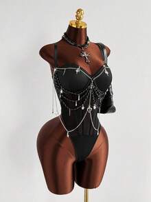 Sunspun Plus Size Women's Fitted Sexy Spaghetti Strap Chain Decor Bodysuit, Suitable For Music Festivals, Spring/Summer Wear - Black - View 6