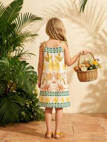 Young Girl Tropical Plant Print Casual Slip Dress - White - View 2