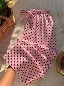 Solflare 大码宽松抽绳腰褶皱波点印花阔腿休闲裤，适合音乐节、度假和日常穿着，夏季 - 粉色 - 查看 1