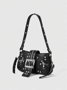 ROMWE Goth Túi đeo vai thời trang đinh tán dành cho nữ, túi đeo dưới cánh tay, túi lưỡi liềm, túi đựng đồ đi xe máy có kẹp thắt lưng - màu đen - Xem 3