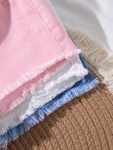 SHEIN 3件組少女白色、粉色、藍色牛仔短褲，兒童女童春夏季休閒度假鄉村波希米亞風穿搭，兒童女童海灘穿搭，少女西式街頭風，春假、電音節牛仔短褲 - 彩色 - 查看 7