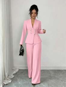 Elenzga Women's V-Neck Double-Breasted Waist Cinching Elegant Jacket And Pants 2 Pieces Set - Baby Pink - View 4