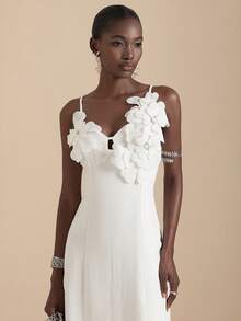 SHEIN Veneréa White 3D Floral Embellished Elegant Women's Mid-Length Dress - White - View 5