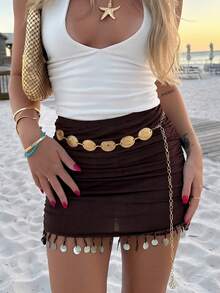 Firerie Women's Elegant Spring/Summer Boho Romantic Beach Vacation Ruched Tight Seashell Tassel Hem Mini Skirt Women Skirts Womens Summer Resort Beach Skirt - Brown - View 3
