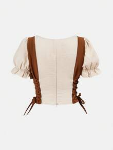 SHEIN Áo kiểu dáng thanh lịch, cổ buộc nơ, tay phồng, màu kaki ôm sát, thích hợp cho bé gái tuổi teen, phong cách retro, đi nghỉ mát, dự lễ hội âm nhạc, boho, hoặc tiệc trà chiều ngày lễ. - Màu Khaki - Xem 4