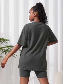 SHEIN 2pcs/Set Teen Girl Knitted Solid Color T-Shirt And Shorts Set - Grey - View 2