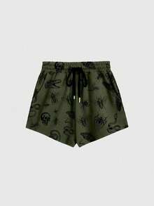 ROMWE Goth Spring/Summer Casual Graphic Plus Size Plant & Insect Print Drawstring Waist Casual Shorts, Suitable For Home, Outdoor - Green - View 1