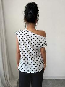 SHEIN Elenzya 波点不对称肩部无袖女式衬衫，优雅通勤衬衫 - 白色 - 查看 2