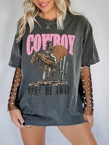 INAWLY Áo thun nữ tay ngắn cổ tròn in chữ và hình cây xương rồng - Xám - Xem 1