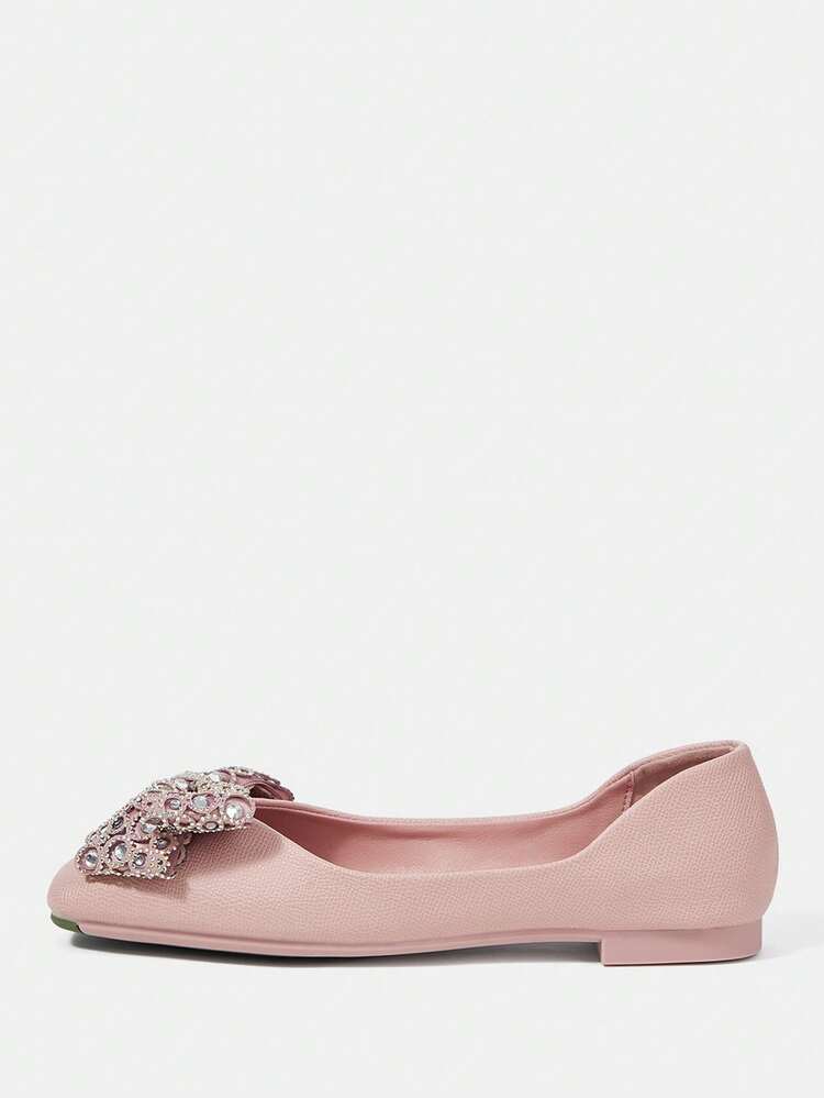 CUCCOO HITCHD Square Toe Low Vamp Bow Soft Sole Soft Leather Fashionable Versatile Comfortable Elegant Pink Flats