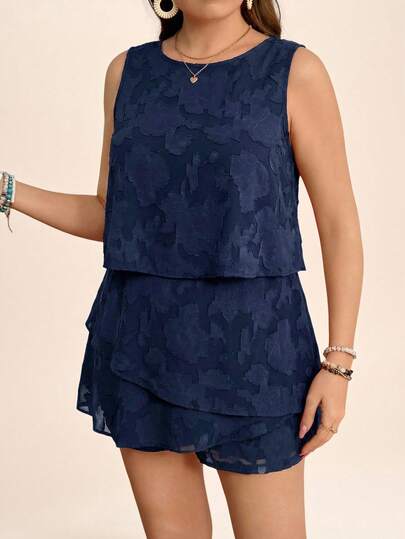 Comfylo Plus Size Women 2pcs Set: Cutout Decor Round Neck Camisole And Shorts
