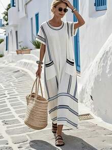 SHEIN Holidaya Đầm maxi ngắn tay in họa tiết hình học dành cho nữ, dáng rộng, có túi, thích hợp cho các bữa tiệc ngày lễ, mặc thường ngày, kỳ nghỉ biển: ven biển, bãi biển, tiệc bể bơi, du lịch đảo; mặc thường ngày: mua sắm, trà chiều, đi chơi cuối tuần, đi làm. - Màu xanh lam - Xem 6