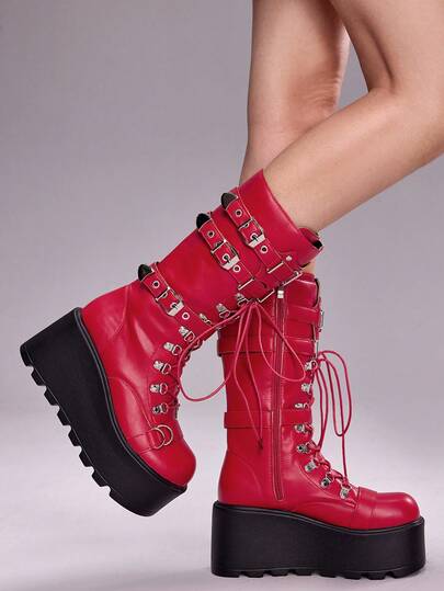 ROMWE Grunge Punk 2025秋冬新款圆头朋克风系带厚底靴，真皮鞋面户外时尚中筒靴，圣诞节必备