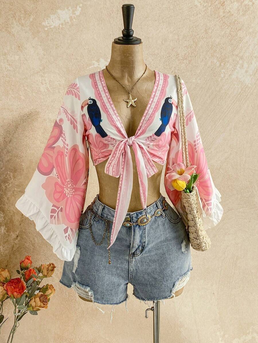 Soleia Casual Vacation Tie-Front Flare Sleeve Ruffle Cuff Leopard Print Shirt,Pink Top - Pink - View 1