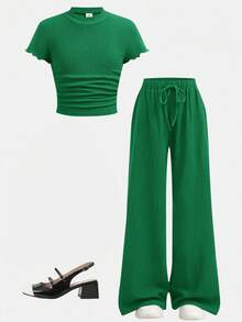 SHEIN Tween Girl Shades Of Green 2 Piece Sets Outfit,Textured Knit Side Ruched Mock Neck Short Sleeve Top And Wide Leg Pants,Summer Casual Vacation Clothes - Green - View 2