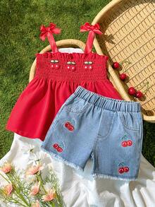 Vintaside Kids Bộ đồ cho bé gái sơ sinh/trẻ nhỏ mùa hè, đơn giản, thời trang gồm áo tank top dây rút và quần jean bạc màu thêu họa tiết quả anh đào, thích hợp cho các chuyến đi chơi mùa hè, kỳ nghỉ hoặc mặc hàng ngày. - Đỏ - Xem 1