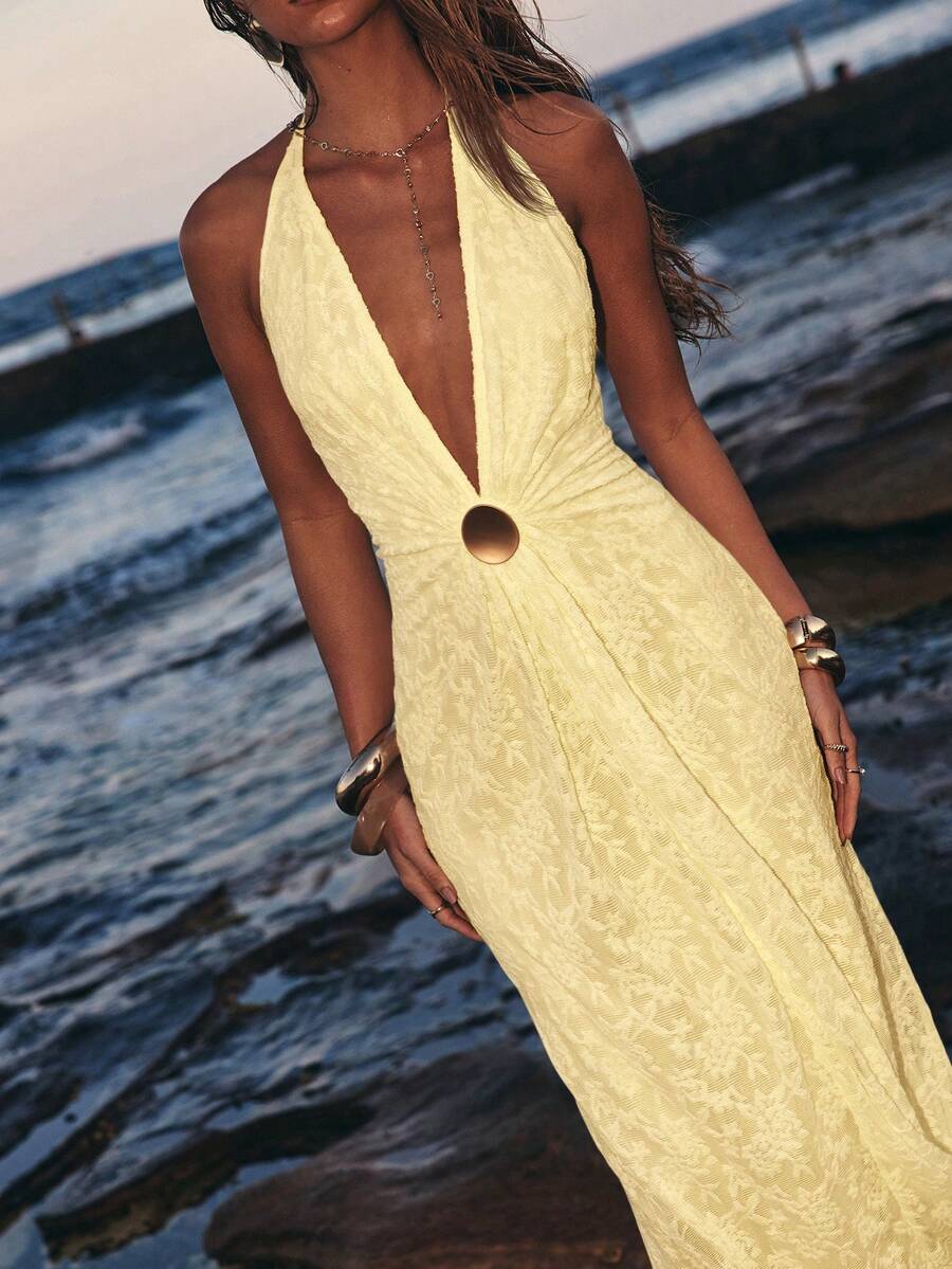 Opulessa Vestido de verano con escote halter y espalda descubierta de unicolor y encaje a ganchillo para mujeres - Amarillo claro - Ver 1