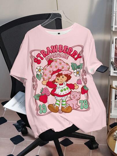 Strawberry Shortcake X SHEIN Plus Size Casual Cute Cartoon Pattern Round Neck Short Sleeve T-Shirt, Summer
