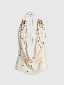 ROMWE Grunge Punk Y2K Sexy Deep V-Neck Halter Backless Embroidered Button Women Tank Top - Apricot - View 5