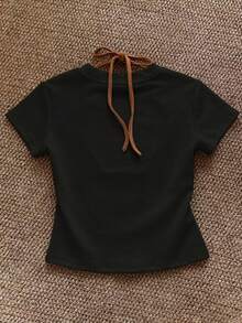 SHEIN Camiseta de cuello redondo de manga corta con ajuste regular - Negro - Ver 2