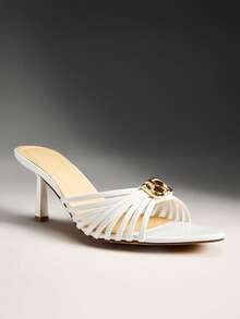 SHUZIA Women's Glamorous Comfortable Slip-On Heel Sandals With Metal Ornament Valentine's Day - White - View 5