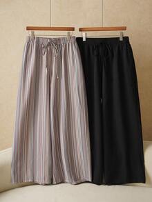 Elaquor 2pcs Plus Size Women Casual Textured Chiffon Basic Wide Leg Stripe Pants Casual Vacation Spring Pants For Women - Multicolor - View 3