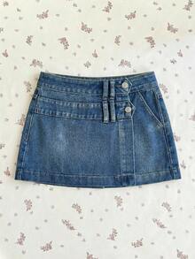 Elamini Chân váy denim nữ kiểu dáng thường ngày với thiết kế cài nút ở eo. - Rửa trung bình - Xem 6