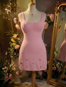SHEIN MOD Plus Size Women's Rhinestone Embellished Shiny Elegant Pink Mini Dress, Suitable For Valentine's Day, Birthday Party.Pink Embellished Satin Mini Dress, Sleeveless, Wedding Guest, Party, Cocktail, Elegant, Sparkling Rhinestones, Chic, Formal, Youthful, Luxe, Glam, Soft Fabric, Special Occasion, Anniversary, Evening, Bridesmaid, Homecoming, Shiny, Fitted, Short Dress, Celebration, Spring, Style, Birthday, Banquet - Pink - View 7