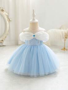 Glamorique Kids 女嬰淺藍色與白色優雅生日禮服，夏季亮片拼接愛心網紗公主芭蕾舞裙，幼兒正式婚禮派對禮服 - 藍色 - 查看 3