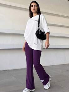 Solavon 2 件套女士休闲字母印花落肩上衣和裤子套装，女士夏季服装，夏季两件套 - 彩色 - 查看 6