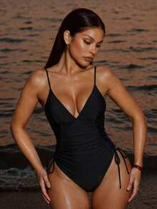 SHEIN Swim Summer Beach Drawstring Side One Piece Swimsuit - Black - View 3