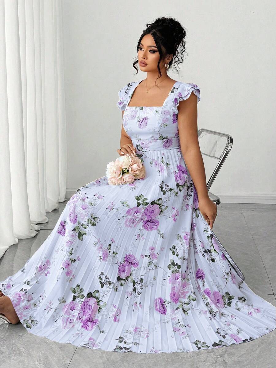 Elenzga Plus Size Women's Vintage French Style Versatile Vacation Date Ruched Waist Slimming Floral Print Ruffle Sleeve Square Neck Maxi Dress - Mauve Purple - View 1