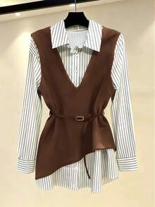 Franclia Casual Fashion Shirt Vest 2 In 1 Waist Slimming Wide Leg Pants 2-Piece Set - Brown - View 3