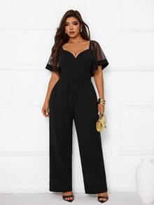 Femmeverse Plus Size Women's New Mesh Patchwork Jumpsuit, Slimming And Elegant - Black - View 8