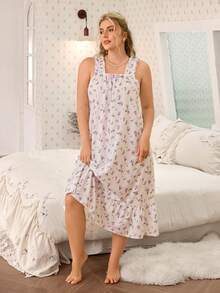 CottageSlumber Camisón holgado de mujer con estampado floral diminuto sin mangas, ropa de dormir ligera para primavera y verano, talla grande - Púrpura malva - Ver 4