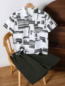 Teen Boys Printed Plaid Shirt & Cargo Shorts 2-Piece Casual Beach Outfit - Army Green - View 5