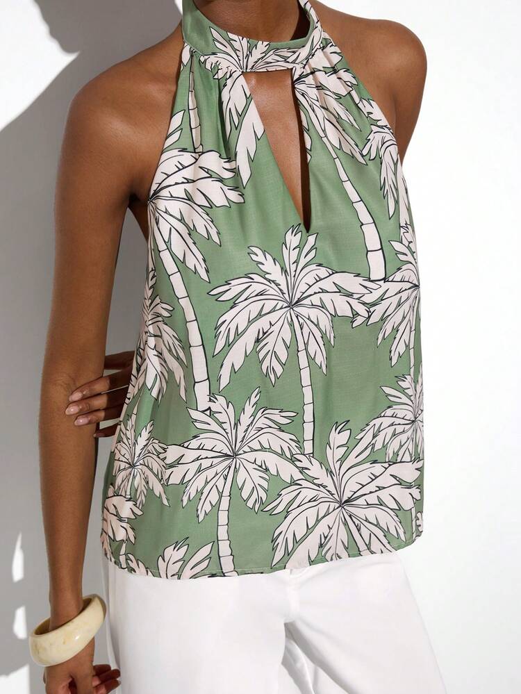 SHEIN Maija Women's Palm Tree Print Halter Neck Top, Vacation Style,Green Tops ,Festival Outfits ,Summer Holiday Outfits,Beach Outfit For Women,Summer Top