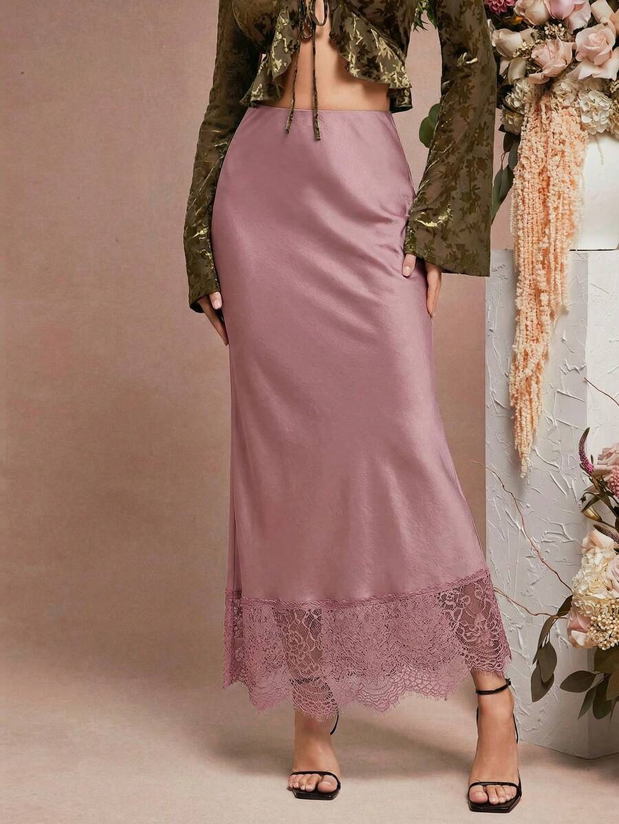 L'Amorae BOTTOM LACE DETAIL PENCIL SKIRT - Pink - View 1