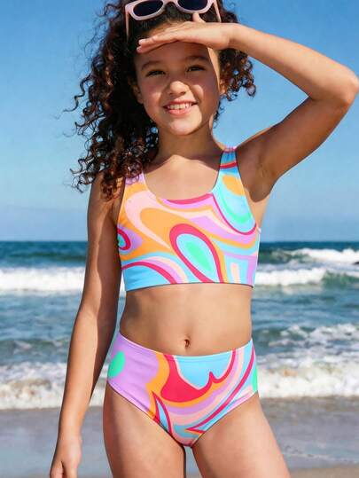 Bộ áo hai dây và bikini Dopamine kẻ sọc nhiều màu sắc dành cho bé gái tuổi teen, kiểu dáng tối giản, thích hợp cho mùa hè.