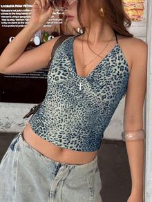 Rina Fox Women's Leopard Print Sexy Fashion Halter Neck Camisole Animal Print Top Leopard Print Tanktop Halter Tank Top Y2k Tops - Multicolor - View 3