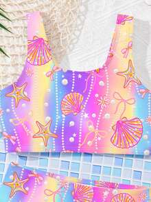 Bộ đồ bơi tankini tối giản, phong cách thường ngày, nhiều màu sắc, in hình cầu vồng, đại dương, sao biển, vỏ sò và ngọc trai, thích hợp cho mùa hè. - Nhiều màu - Xem 4