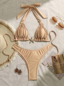 Swim Chiccia Starfish Accent Braided Triangle Bikini, Beige High Cut Two Piece Swimwear, Ruched Bathing Suit For Vacation - Khaki - View 3