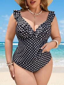 Swim Lushoire Bộ bikini 2 mảnh in chấm bi cỡ lớn mới năm 2026 dành cho nữ, kiểu dáng thường ngày, buộc dây cổ, quần tam giác cạp cao, cổ chữ V và áo vest có bèo nhún. - Đen và trắng - Xem 5