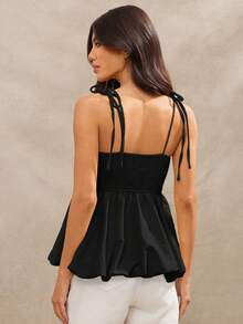 西部夏季方领可爱蝴蝶结肩带褶皱后背牛仔泡泡下摆背心，春假海滩度假 - 黑色 - 查看 4