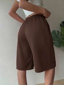 SHEIN EZwear Bermudas sueltas de unicolor con cordón en la cintura para mujer talla grande, de uso casual, deportivo y diario - Café integral - Ver 2