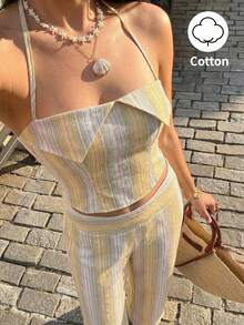 Sunnyshic Conjunto de dos piezas con top corto sin tirantes con espalda descubierta y rayas amarillas, y pantalones rectos de cintura alta con bolsillos. Conjunto elegante, vintage y minimalista para primavera/verano, vacaciones, playa y uso diario. - Amarillo - Ver 5