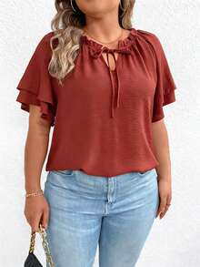 EMERY ROSE Plus Size Women Summer Casual Vacation Daily Commute Solid Color Knot Cutout Neck Layered Flutter Sleeve Loose Top - Rust Brown - View 1